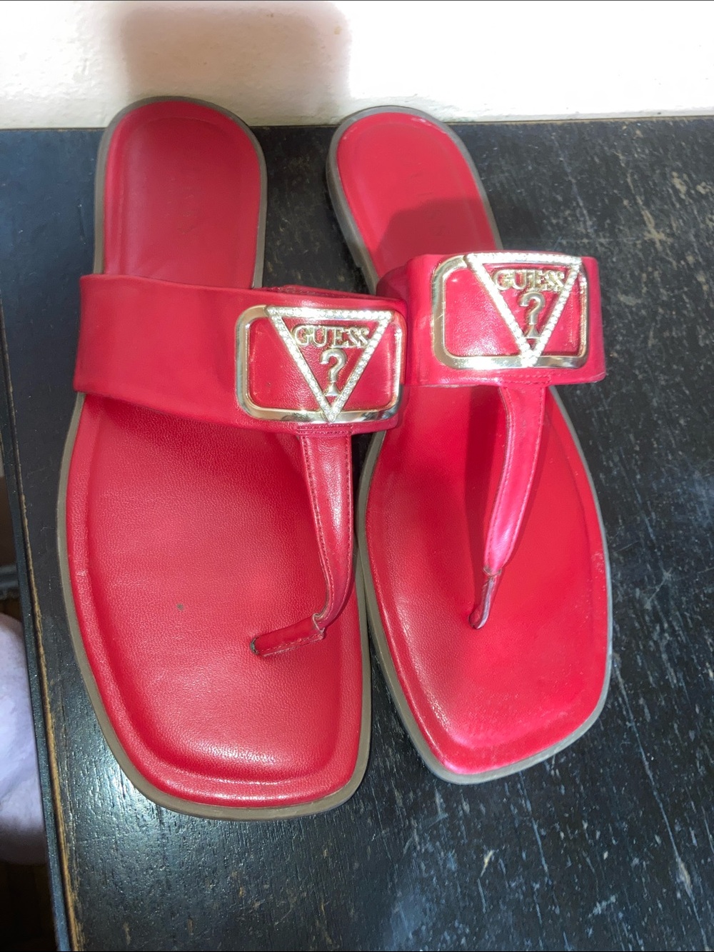GUESS Red Women's Slide Sandals with Gold Triangle Logo